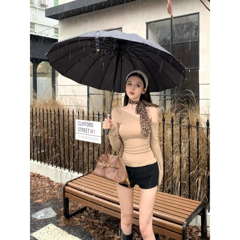 春秋新款斜肩t恤女长袖小衫修身紧身短款辣妹褶皱内搭打底衫上衣