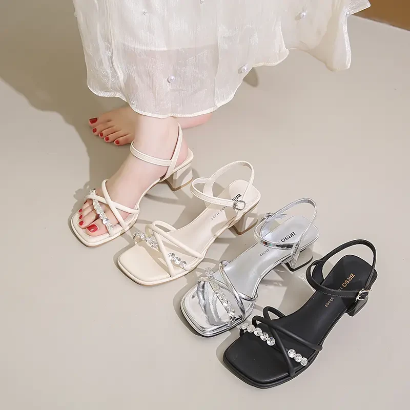 网红一字带粗跟水钻凉鞋女2025夏季新款气质百搭仙女风露趾高跟鞋