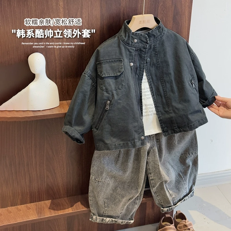 《春上新》美雅雅韩版男童女童24QL1031立领酷帅宽松牛仔个性外套