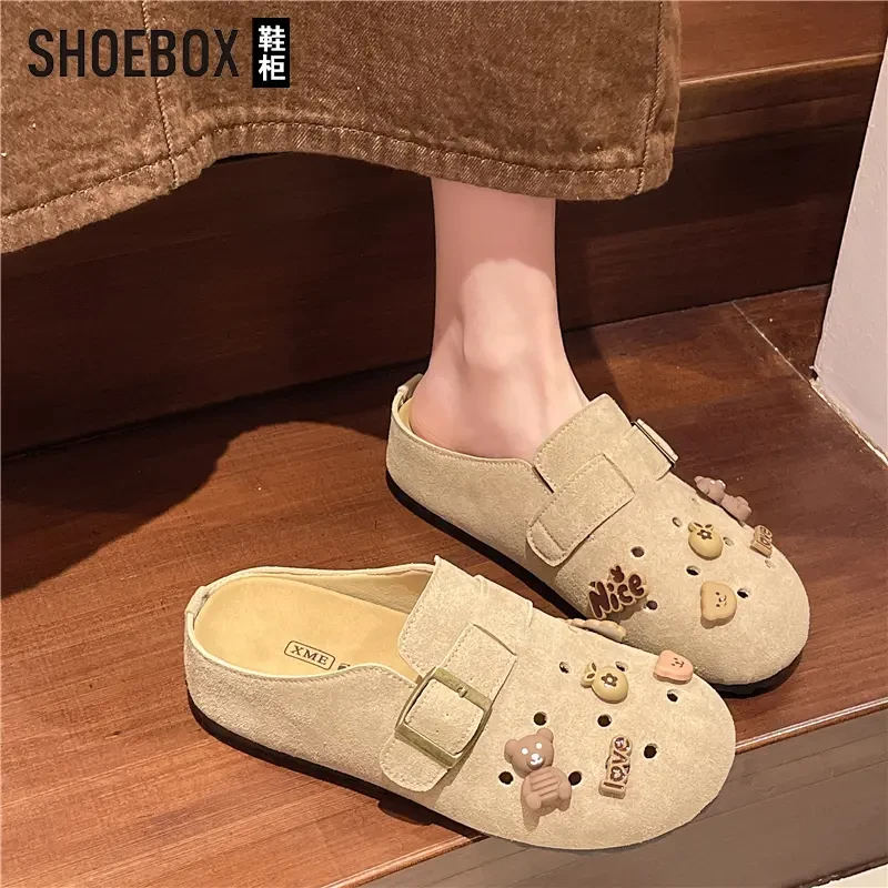 SHOEBOX鞋柜一脚蹬卡通装饰勃肯拖鞋2025新款软底包头拖ins潮牌鞋