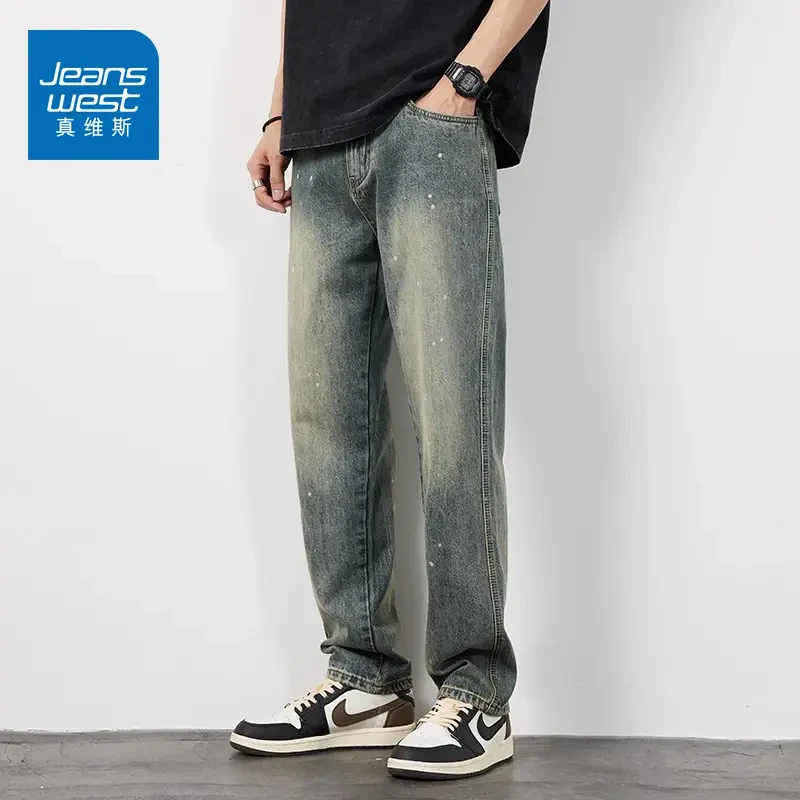 Jeanswest/真维斯高街直筒牛仔裤秋冬宽松美式高街垂感阔腿长裤男