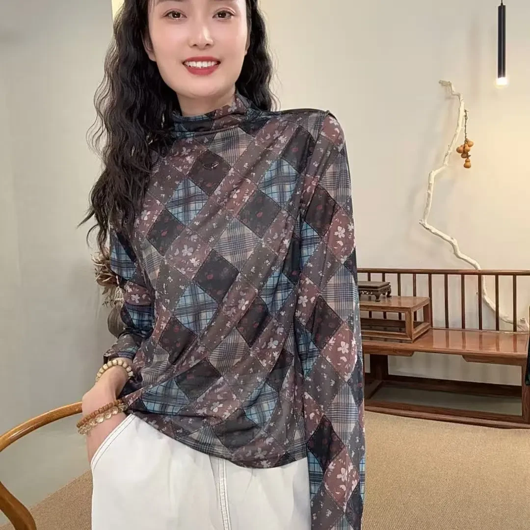 7516-秋季拼色长袖不起球T恤打底衫复古休闲时尚