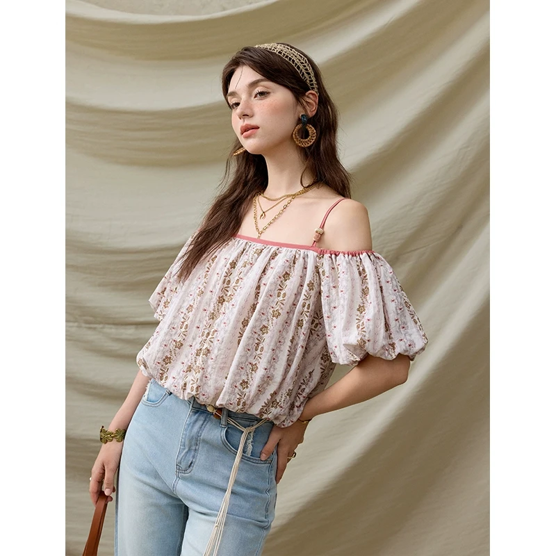 【年中大促】谜秀新品一字肩碎花短袖小衫 YA麻混纺透气 撞色包边