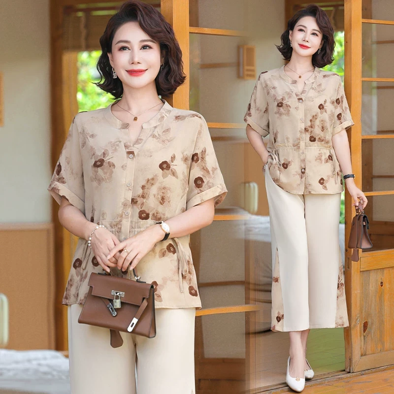妈妈夏装短袖套装2025新款洋气上衣中老年女夏季时尚阔腿裤两件套