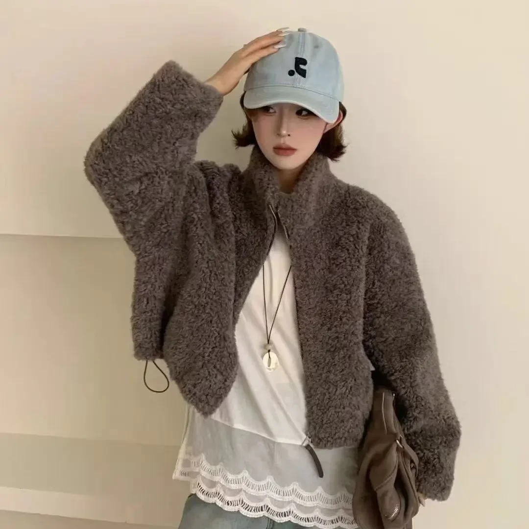 小立领羊羔毛短款外套韩系2025秋冬新款百搭洋气高级感皮毛一体女