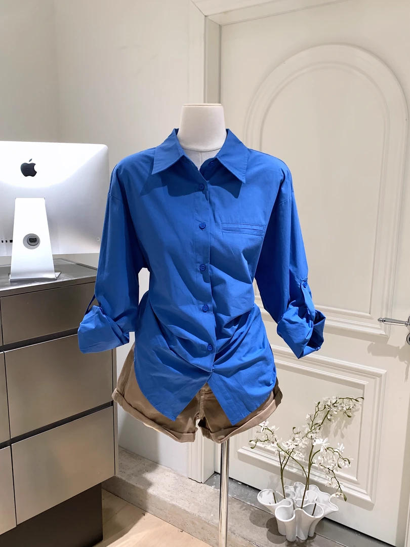 法式蓝色防晒衬衫外套女2025春秋衬衣显瘦复古宽松慵懒风长袖上衣