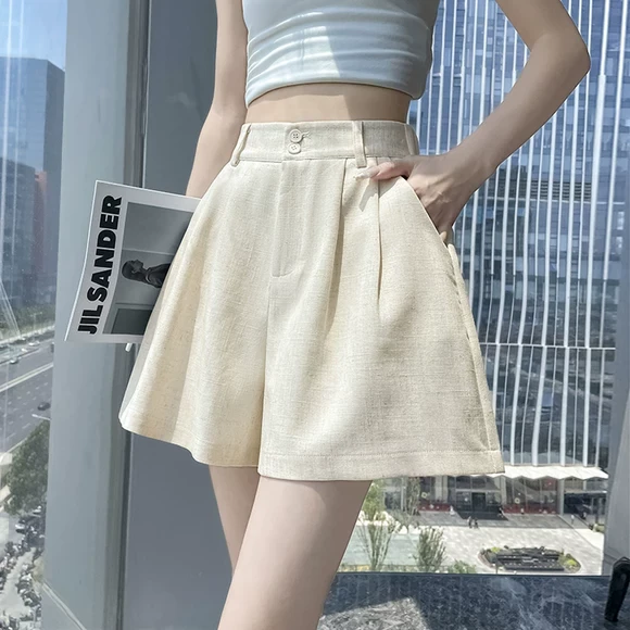 亚麻西装短裤女夏季薄款外穿高腰显瘦a字麻阔腿五分裤百搭休闲裤