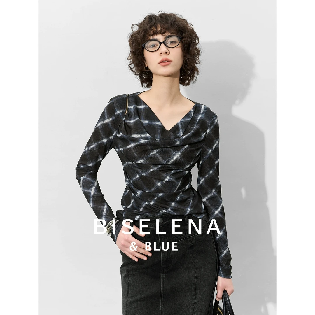 贝茜妮复古时尚格纹印花荡领T恤女新款气质薄款长袖