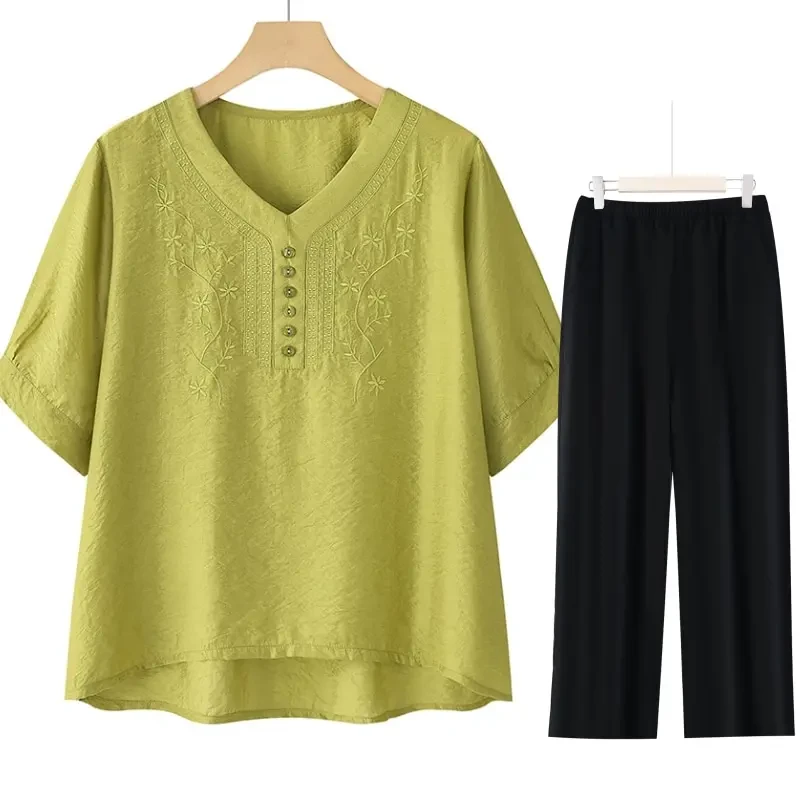 洋气妈妈夏季T恤 裤子套装国风中老年女装大码小衫宽松新中式女装