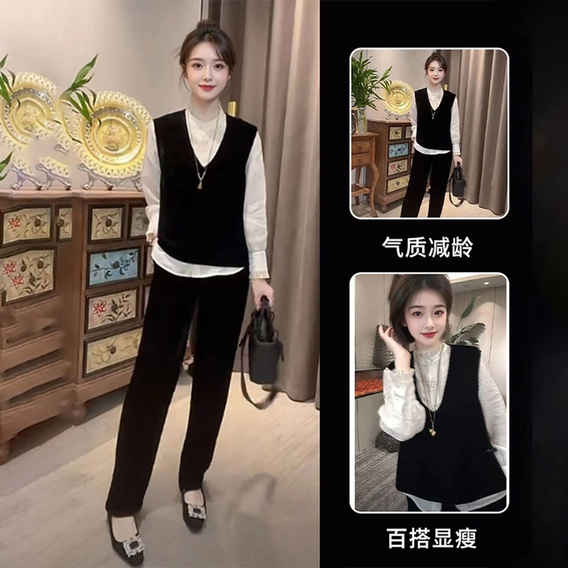 新中式复古马甲衬衫套装女士2025秋季新款无袖丝绒马甲叠穿两件套