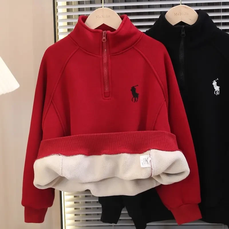 男童冬季加绒红色卫衣喜庆年服儿童半拉链上衣加厚保暖2026新款潮