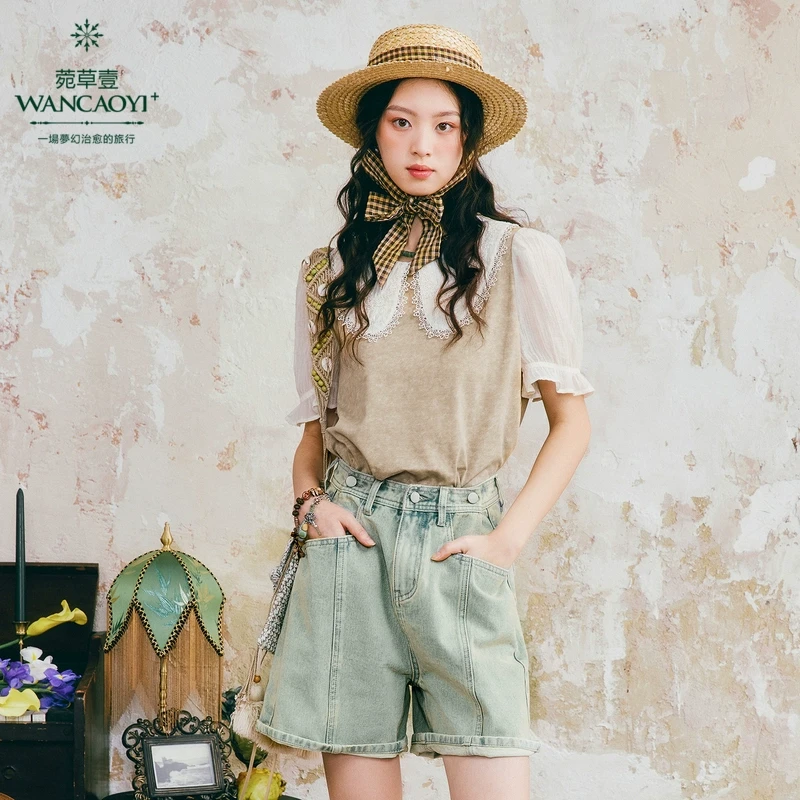 菀壹2025夏季新款拼接甜美减龄娃娃领时尚休闲复古T恤T01600421