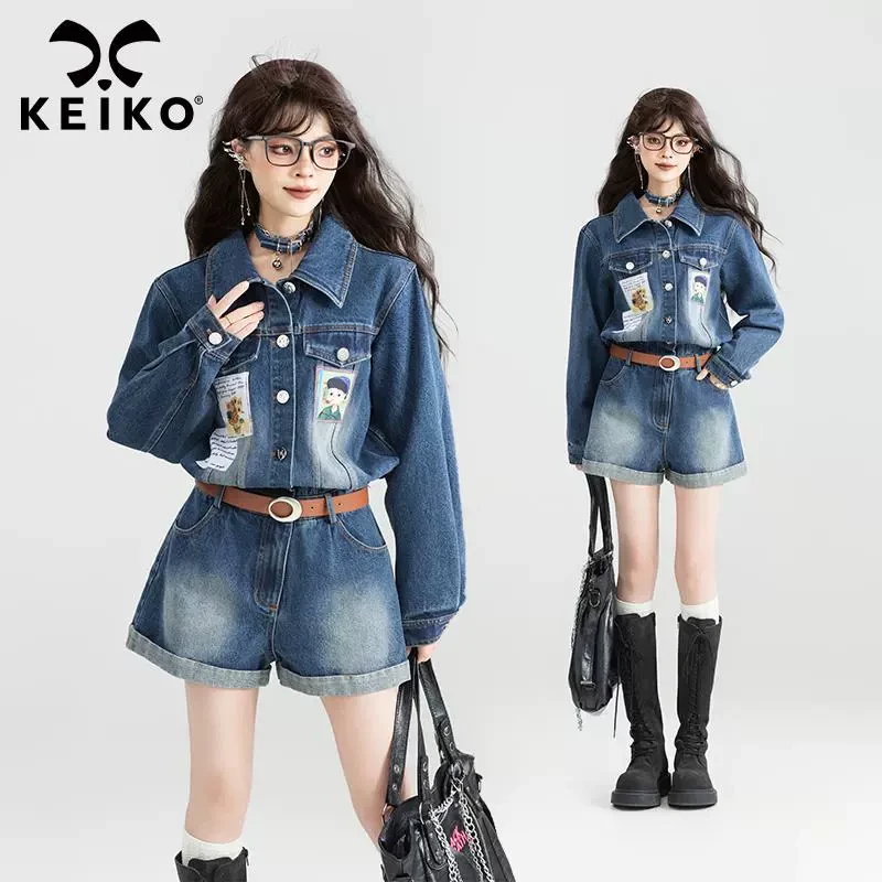 KEIKO 帅气工装风牛仔连衣短裤女25秋新款通勤复古高腰连体裤
