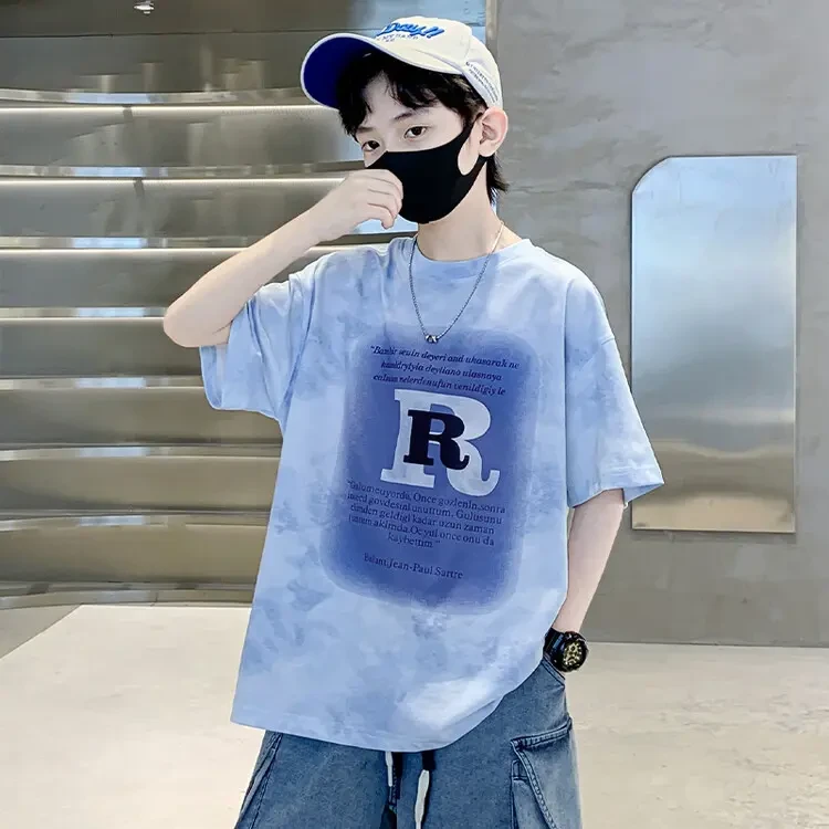 男童短袖T恤渐变2025中大童休闲韩版潮t半袖宽松儿童夏装洋气童装