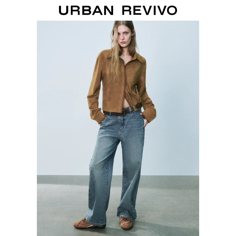 UR2025春季新款女欧若风复古雅丹风波浪缝线开襟衬衫UYL250006