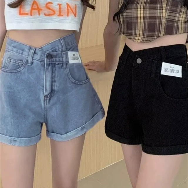 不规则卷边牛仔短裤女夏季薄款高腰宽松显瘦小个子阔腿A字热裤子