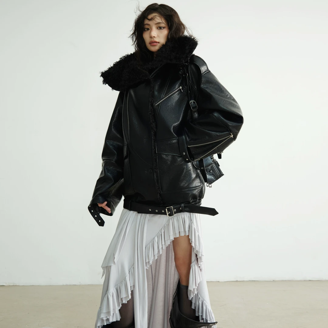 JNYLON-24AW暗黑酷帅大翻领无性别中长重磅PU皮廓形夹克外套·