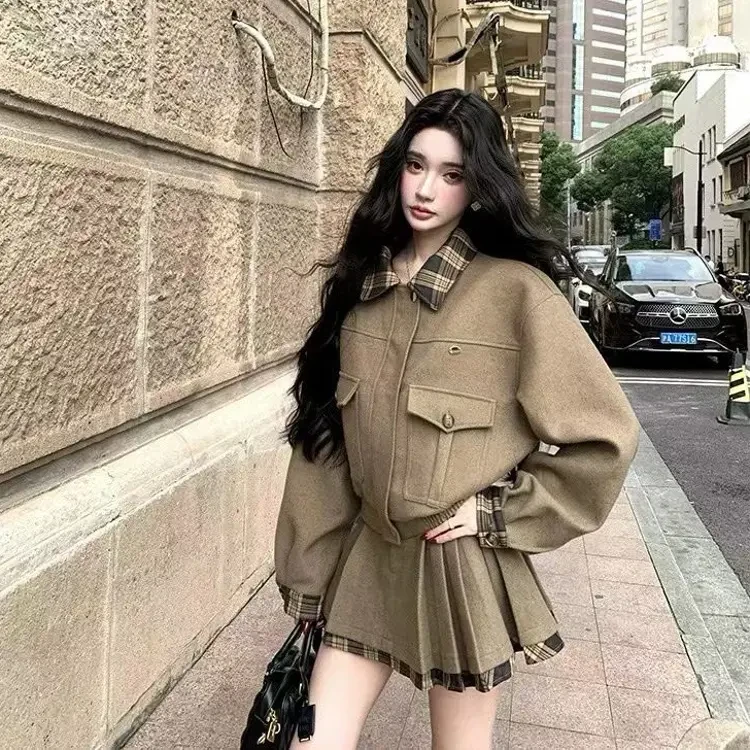 秋冬新款miu系千金风羽绒羊绒呢外套百褶裙套装女高级感穿搭