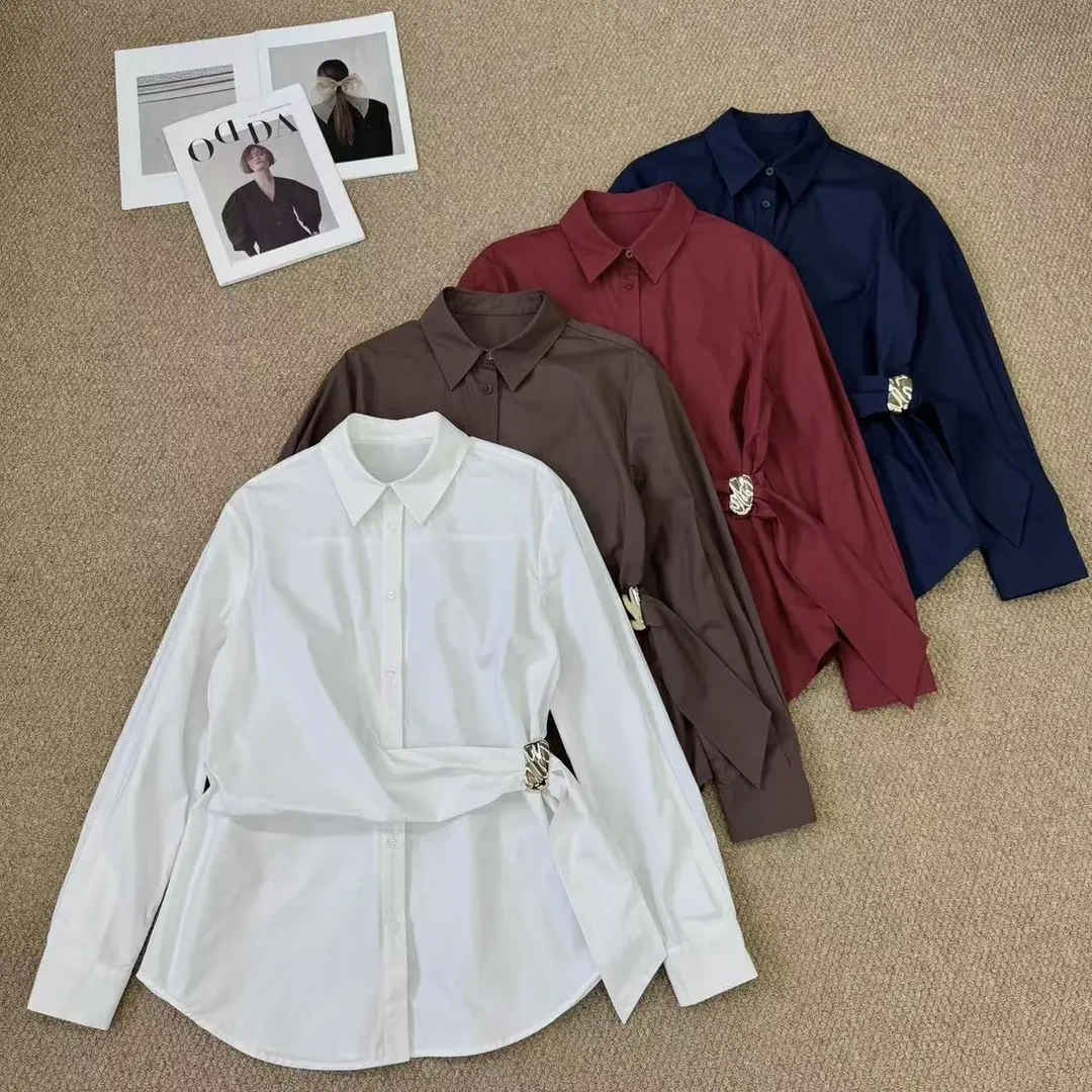 28097 金属扣中长款翻领收腰衬衫