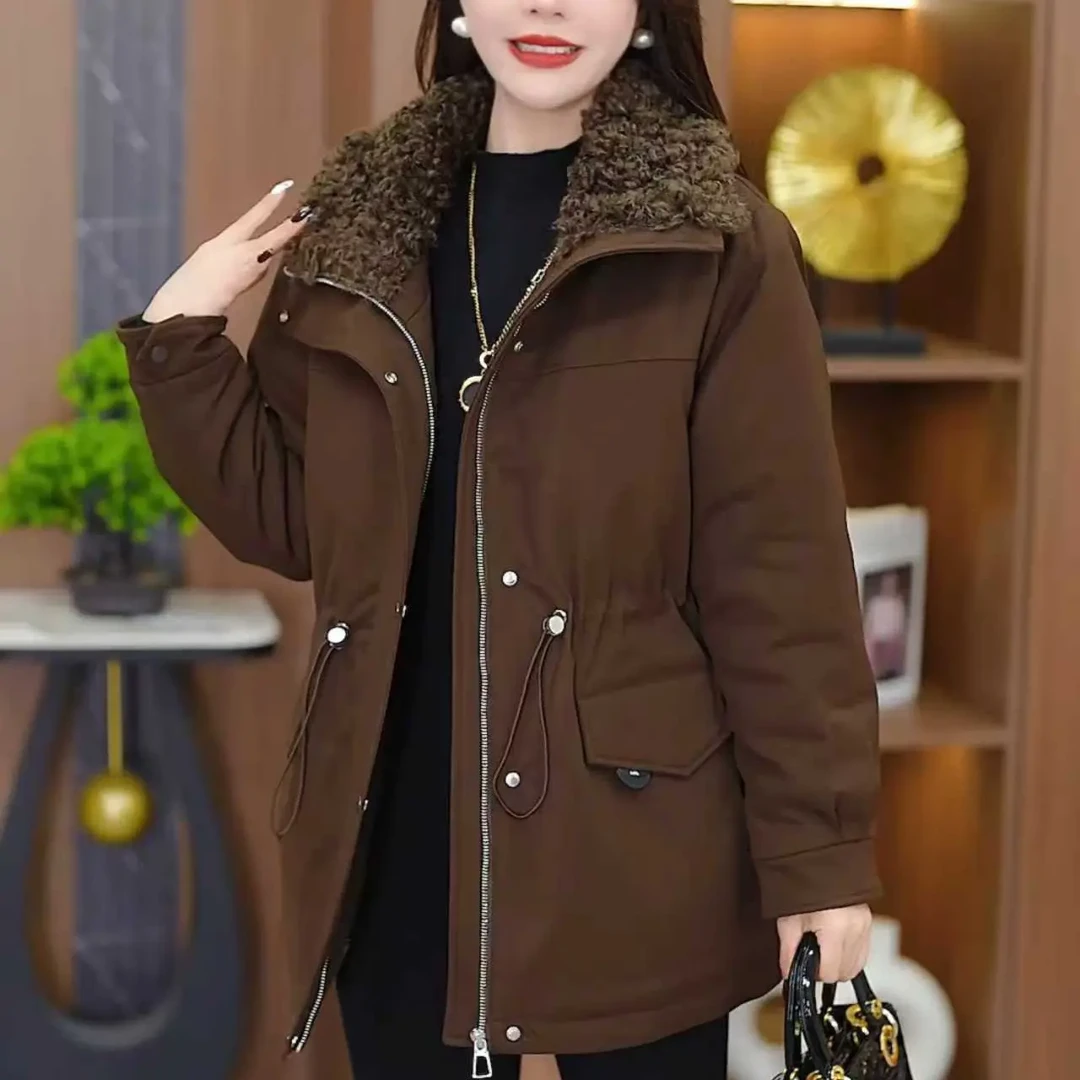 中长款休闲风保暖加绒加厚毛领派克服显瘦抽绳设计秋冬女装