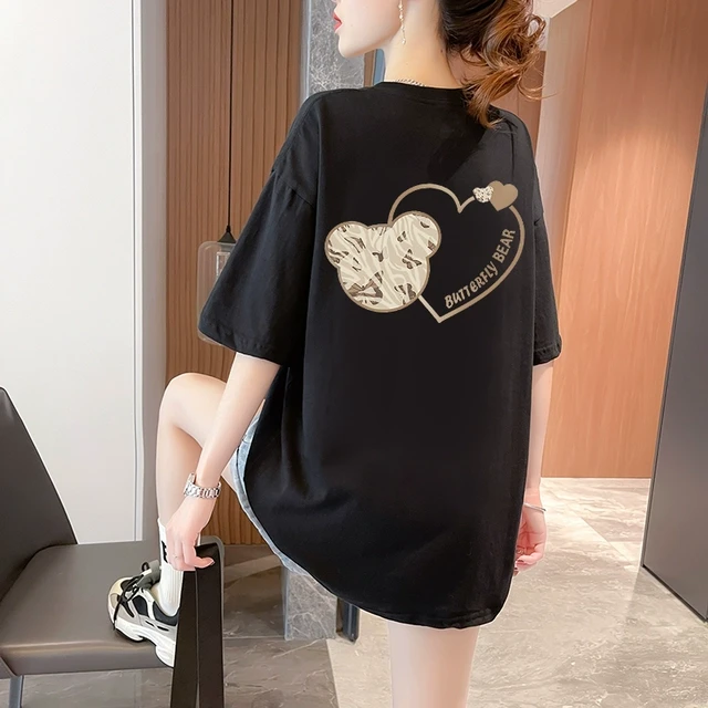 大码女装日系爱心印花短袖t恤女2025新款宽松显瘦夏季纯棉上衣ins