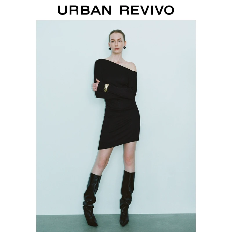 UR2025春季时髦褶皱斜肩领连衣裙女新款设计感裙欧若风UWM750005