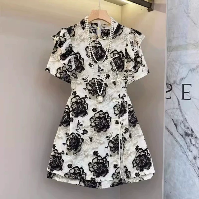 大码夏款胖MM国风新中式盘扣拼接木耳花边显瘦中长上衣短裤两件套