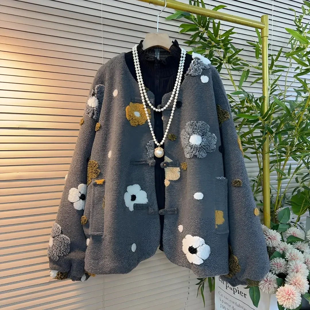 2921胖mm欧货时尚国风立体花朵小香风减龄百搭冬季夹棉百搭外套