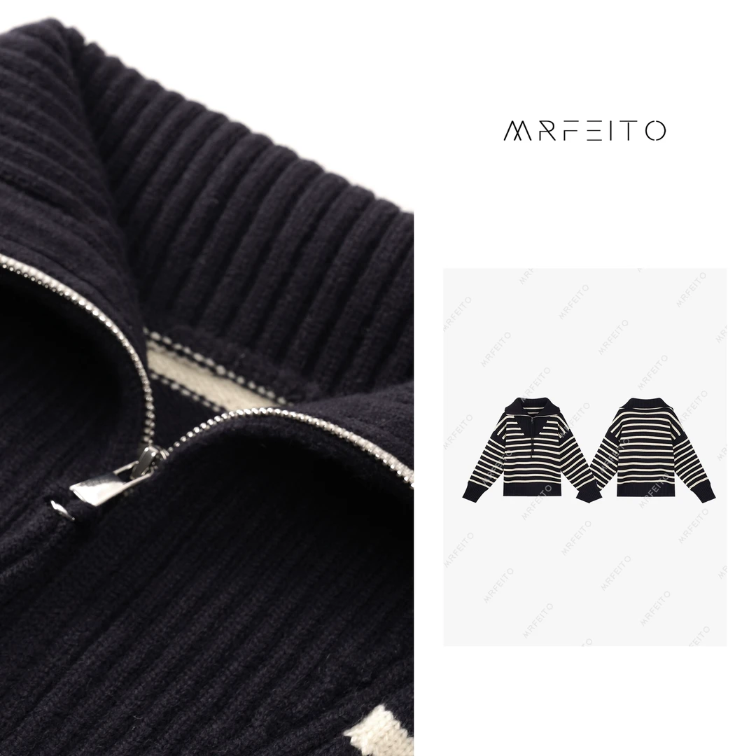 【悠闲序章】简约条纹高领半开拉链女士针织衫H1139M01D29937