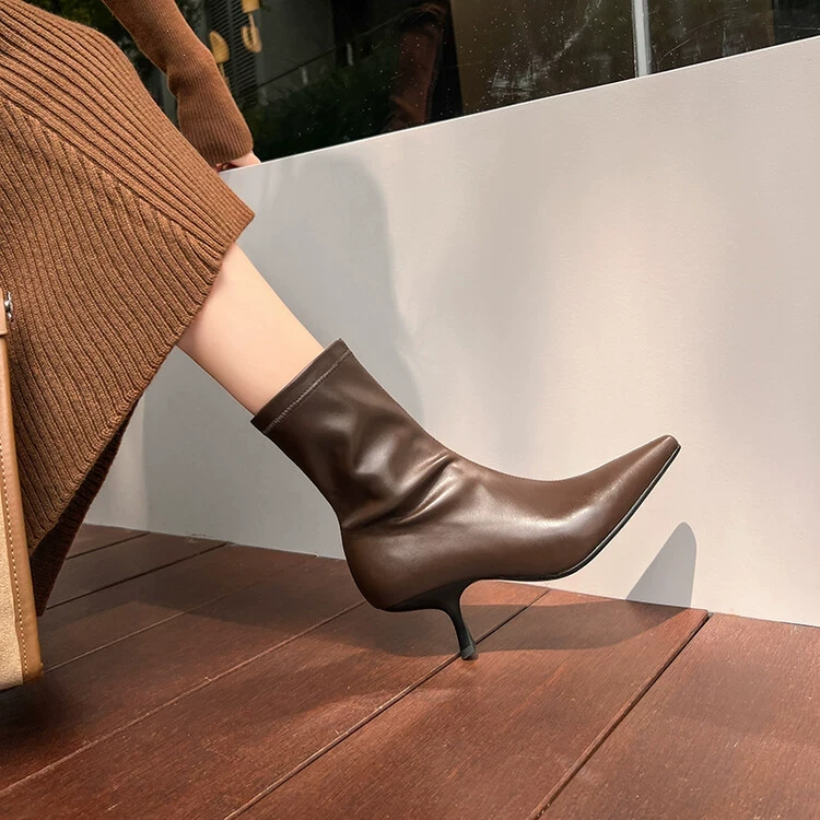 瘦瘦靴女2025新款春秋单靴子欧美高跟百搭弹力靴真皮尖头细跟短靴