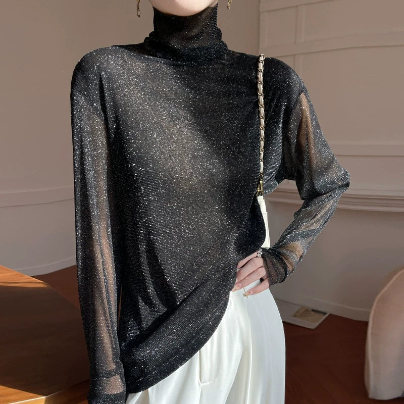 羊范25新款轻薄高领金丝线网纱打底衫女薄款抽皱内搭百搭针织上衣