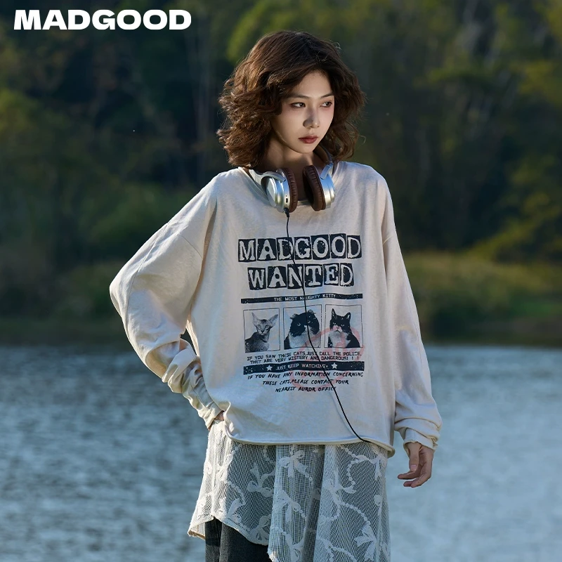 madgood马得工地日系春季猫咪印花弯刀袖卷边长袖T恤MDGDCX241526