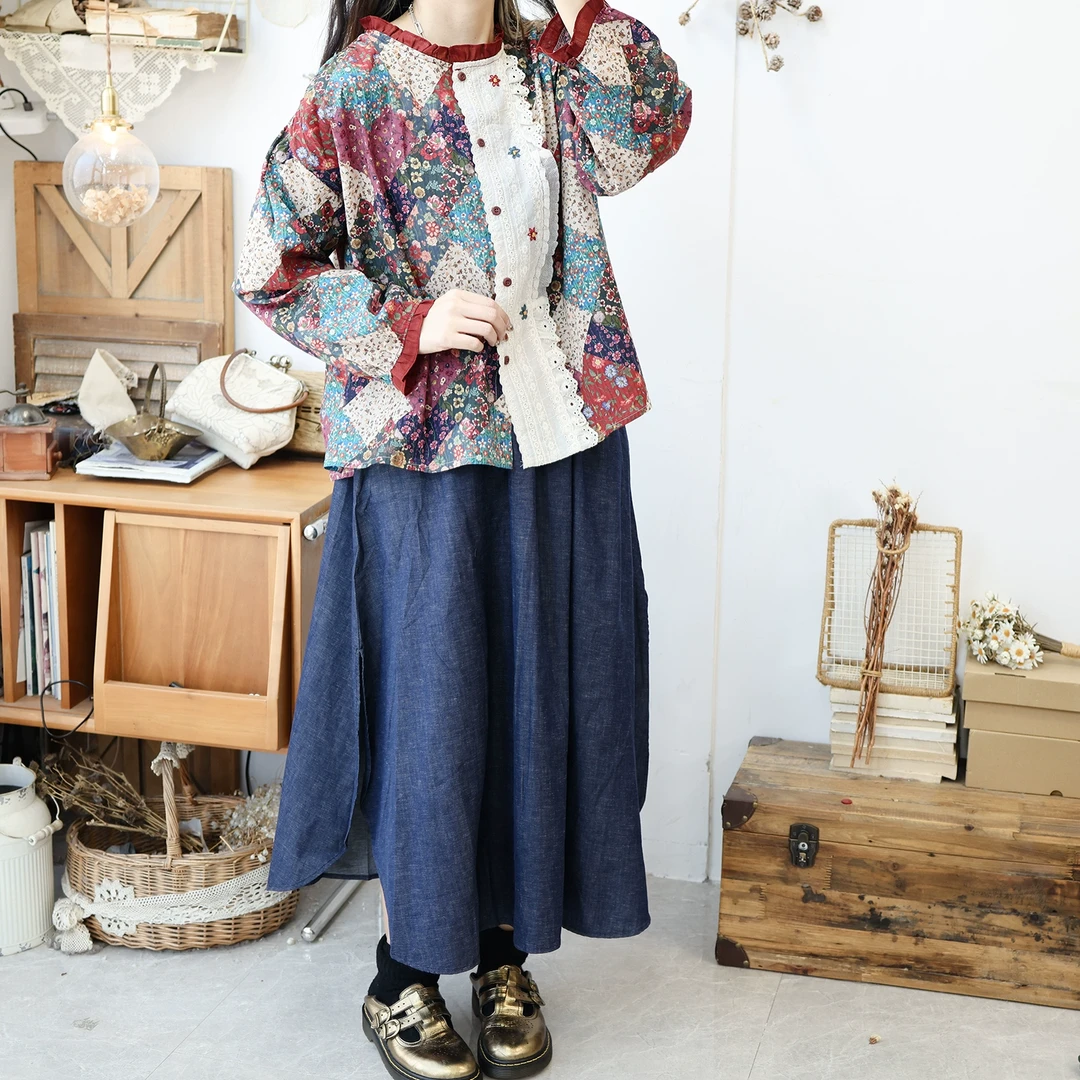 美存2025春夏开衫日系女装新款碎花拼接柔软舒适上衣衬衣甜美