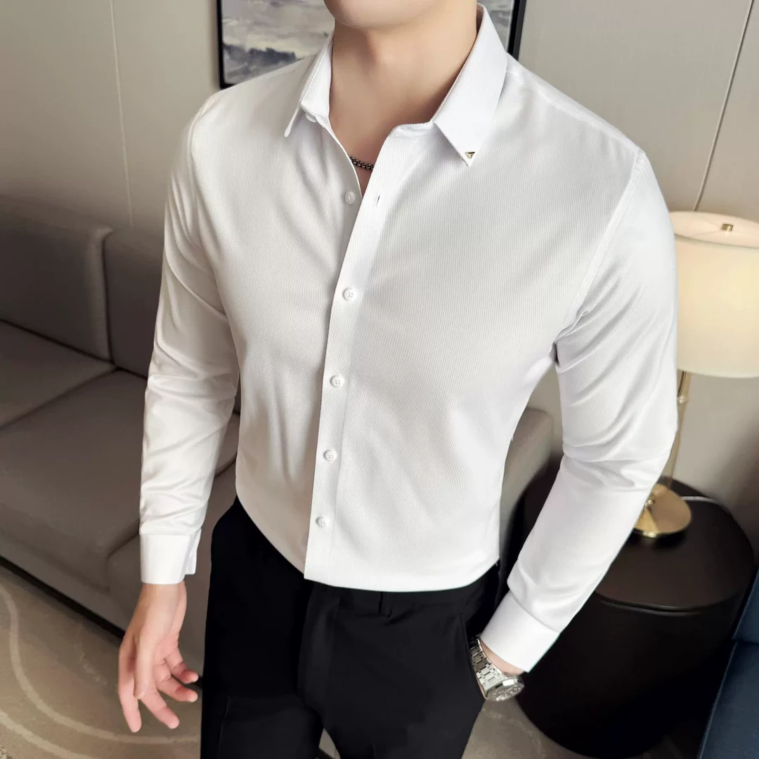 男士长袖衬衫商务休闲修身英伦风高级感纯色衬衣韩版春季新款无痕