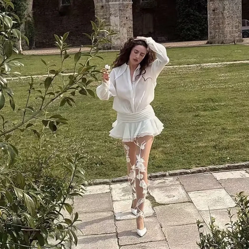 易梦玲同款纯欲气质显瘦荷叶边短款衬衫式白色连衣裙ins裙子