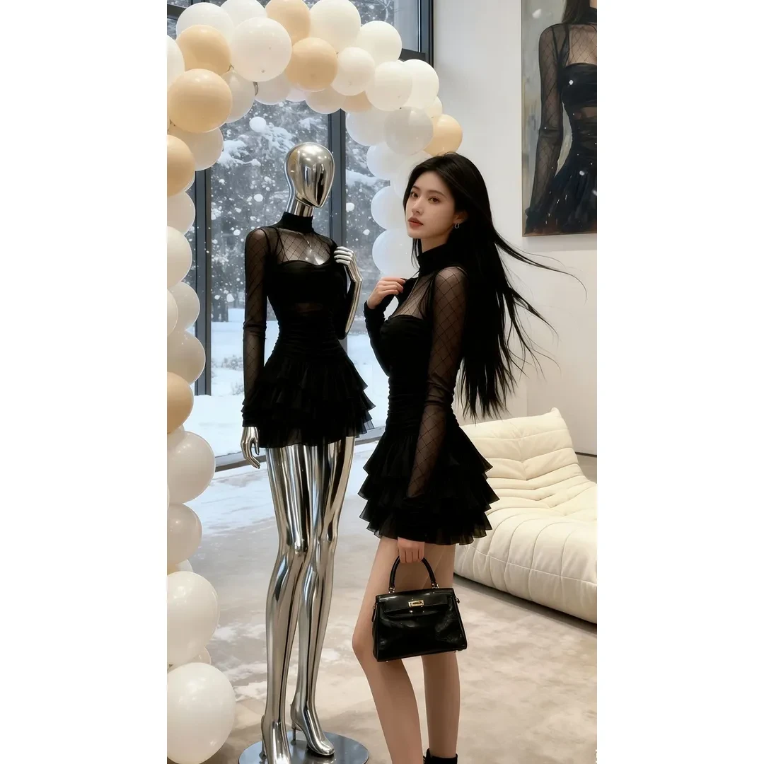 轻奢气质名媛纯欲风黑色半高领网纱拼接微透氛围感气质辣妹连衣裙