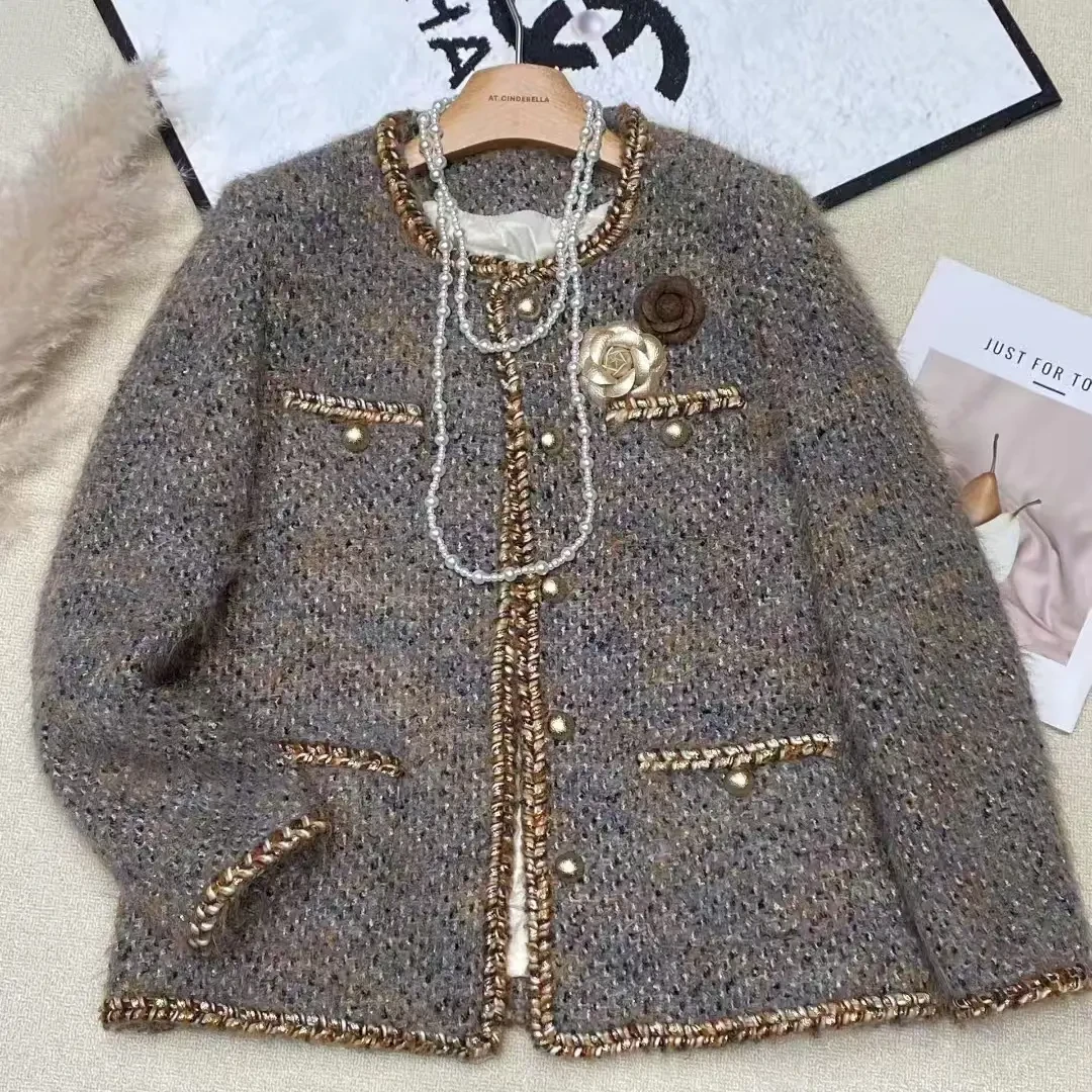 冬季新款法式复古粗花呢加厚保暖显瘦气质90白鸭绒小香风外套