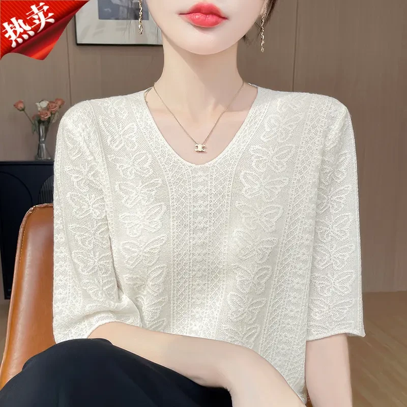 哥弟阿玛施正品重工浮雕蝴蝶短袖针织衫优雅V领上衣气质小衫薄款