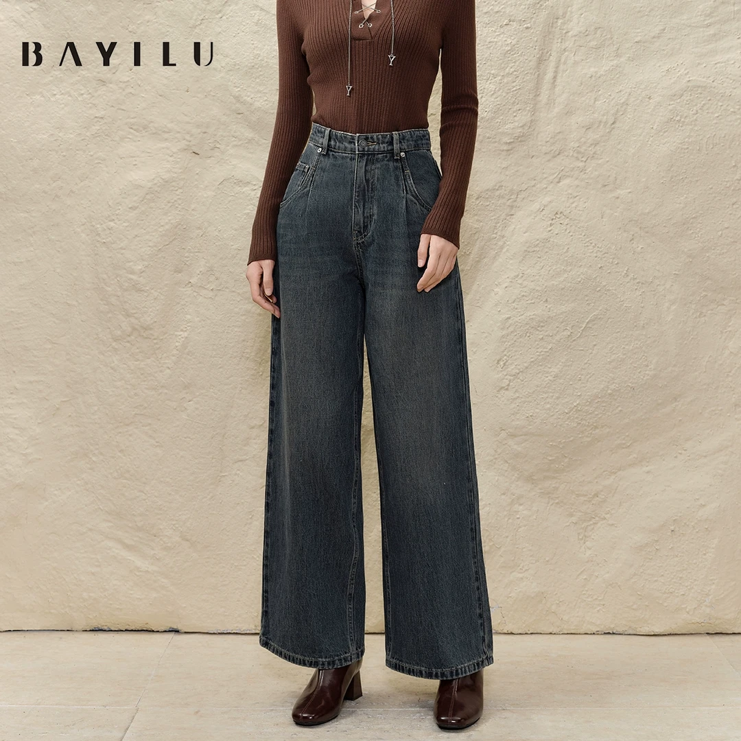 芭依璐2025春季牛仔裤女高腰阔腿裤复古直筒长裤91K2810