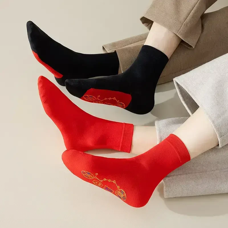 大红色脚踏铜钱鸿运袜七星袜连珠袜男女蛇年本命年结婚秋冬袜