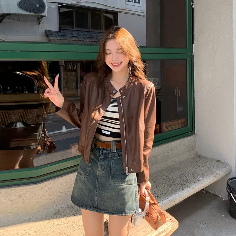 韩版时髦炸街短款PU皮外套女2025春秋季新款宽松显瘦正肩夹克上衣