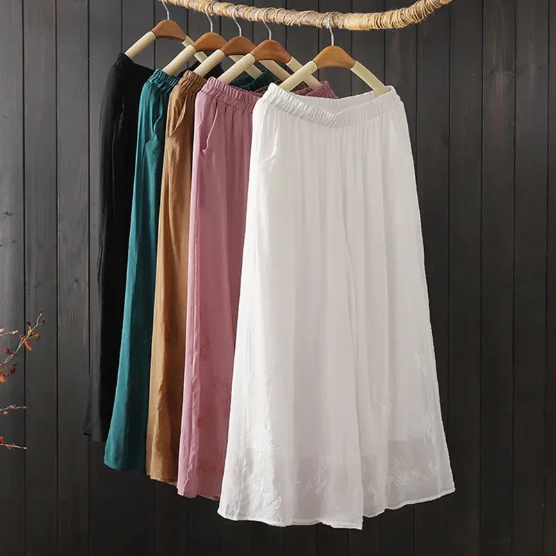 新中式中国风薄款重工刺绣阔腿裤夏季休闲裤松紧腰文幂式艺穿搭