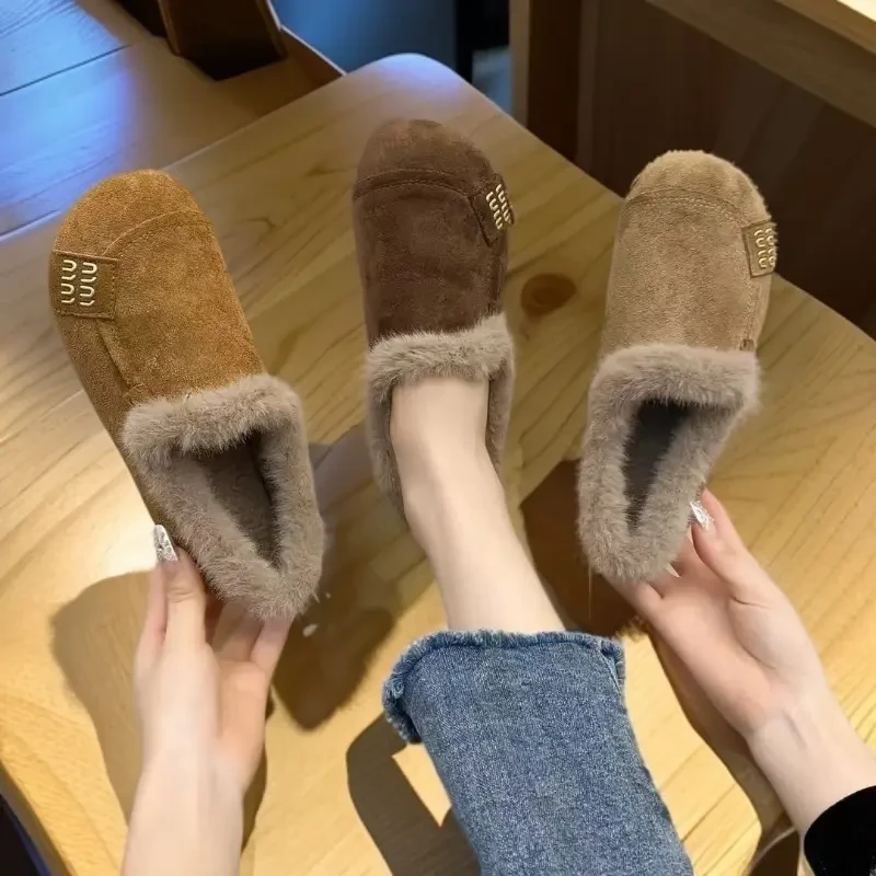 2025冬季新款一脚蹬保暖妈妈鞋豆豆鞋加绒鞋子防滑外穿毛毛鞋【D】