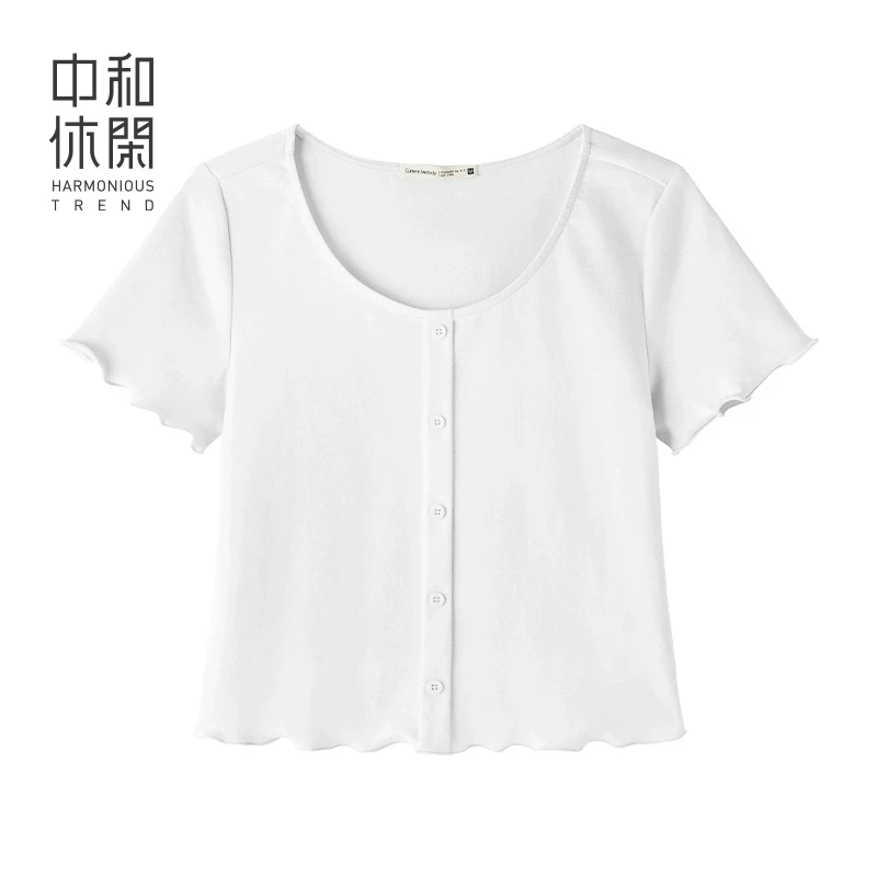 中和休闲修身U领短袖T恤女2025夏季新款小清新针织短款套头t恤衫