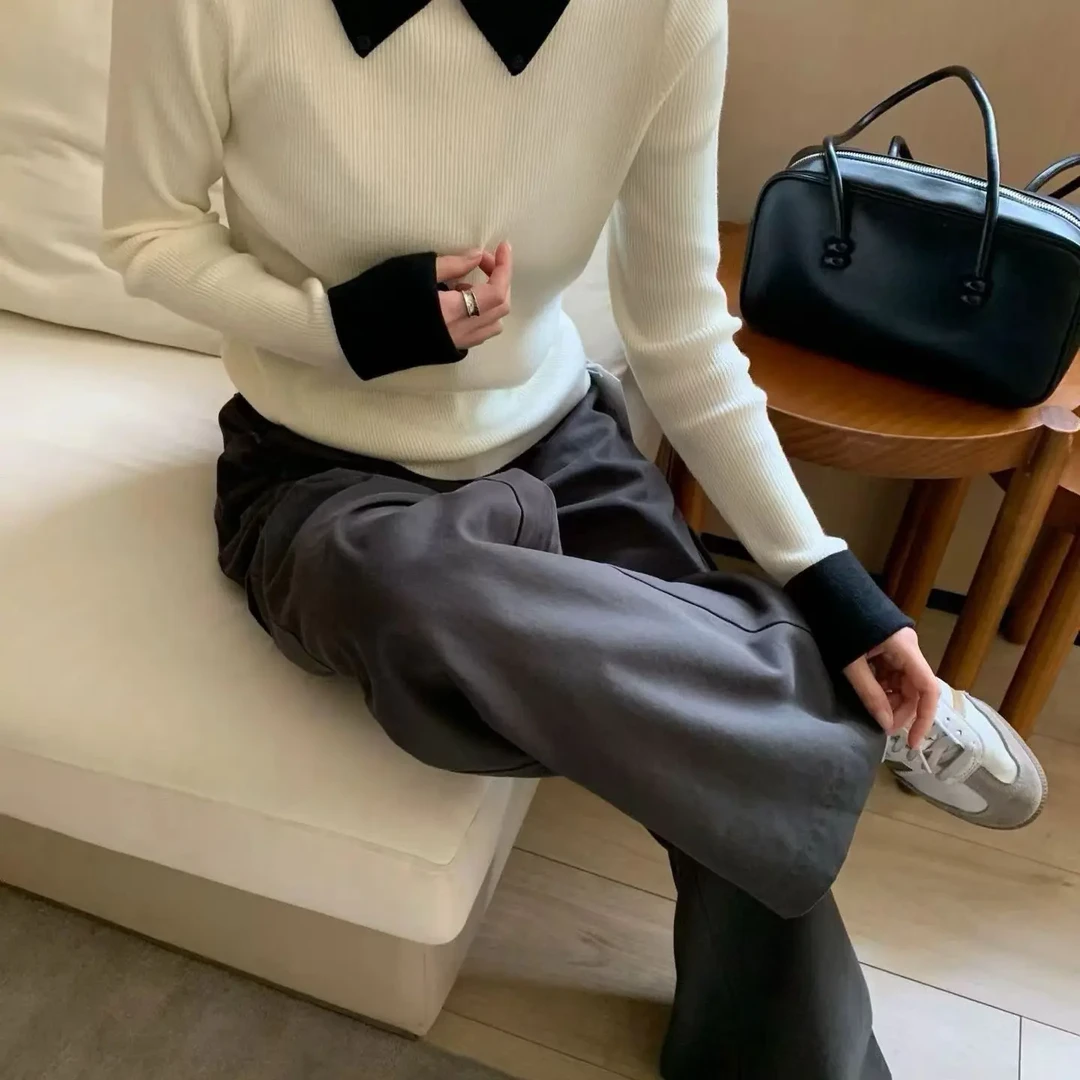 多巴胺彩色翻领假两件撞色针织衫时尚百搭