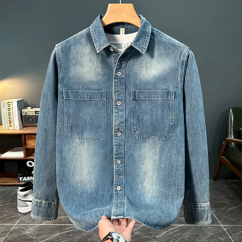 春秋潮牌日系复古牛仔长袖衬衫男士新款时尚百搭文艺休闲宽松上衣