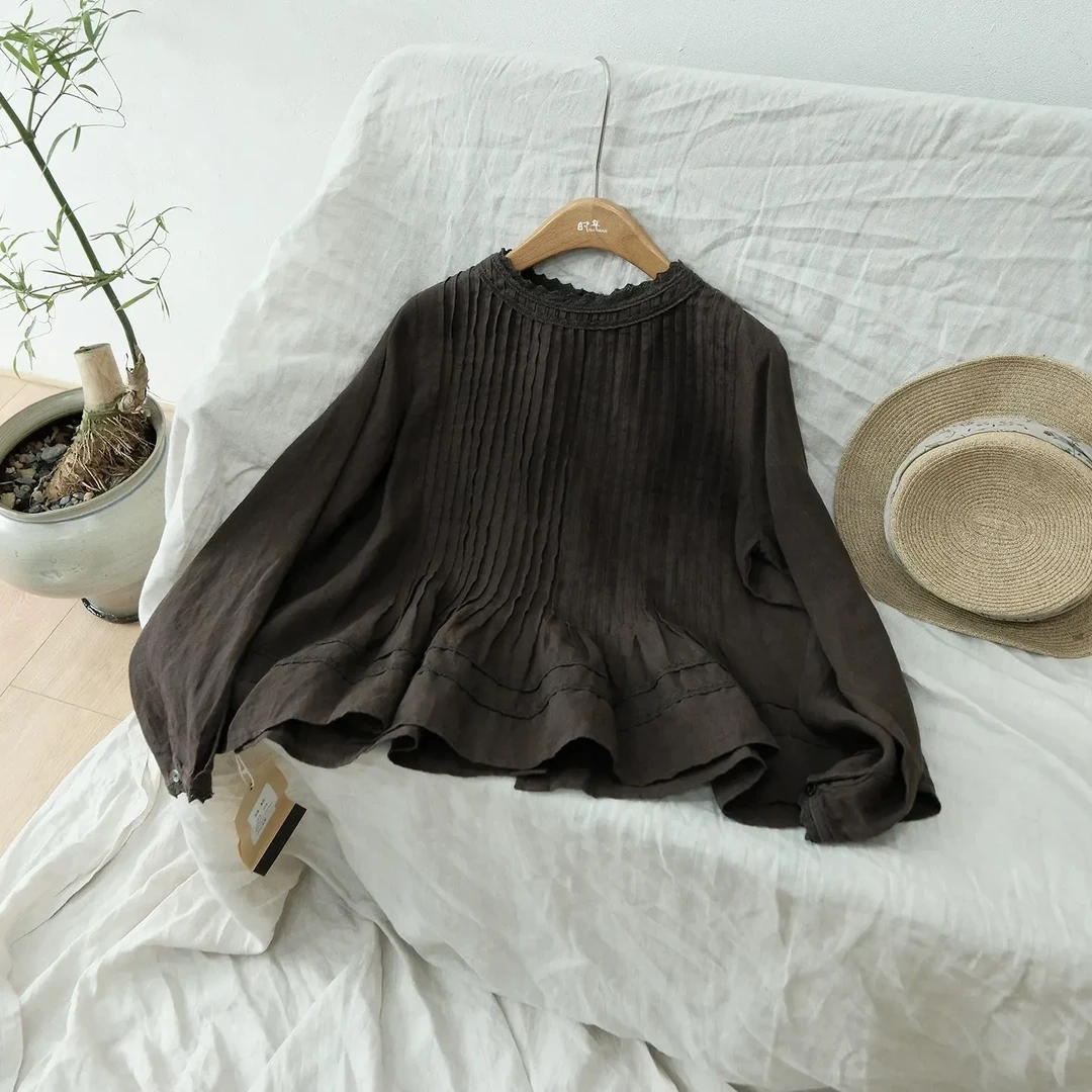 棉之麻（款）拼接花边压褶设计文艺宽松长袖亚麻衬衫女新款