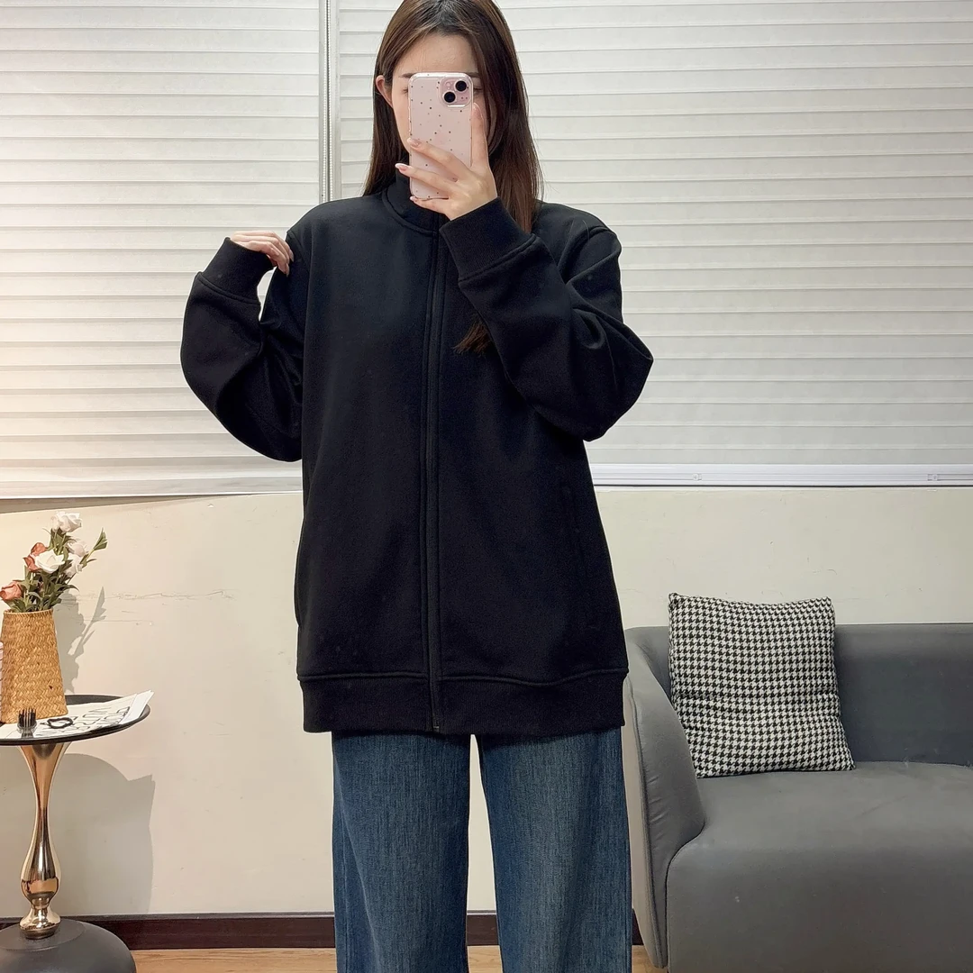 黑色简约设计秋冬拉链开衫休闲宽松加绒夹克外套