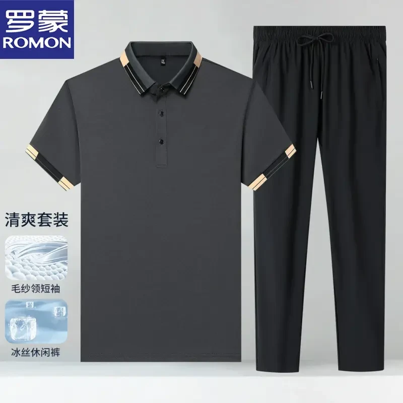 【冰丝套装】罗蒙2025夏季新款短袖polo衫休闲宽松长裤男士两件套装