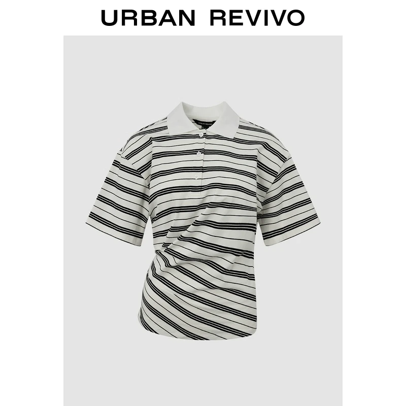 UR2025夏季新款女装撞色条纹设计感褶皱马球衫UWJ450071